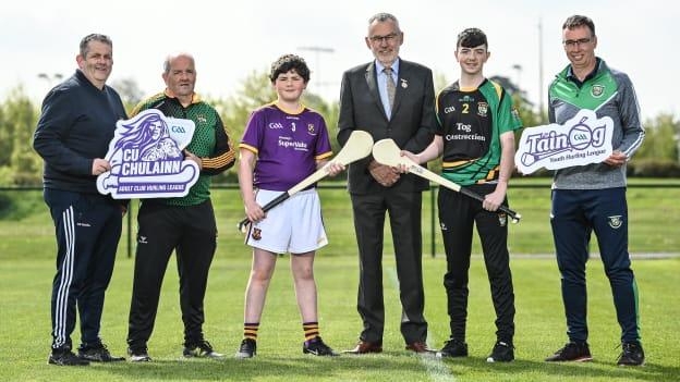 In attendance at the 2022 Táin Óg/ CúChulainn Cup competitions launch were, from left, Adrian Tully of Roscommon Gaels, Stephen McKenna of Carrickmacross Emmets Hurling Club, AJ Tully of Roscommon Gaels, Uachtarán Chumann Lúthchleas Gael Larry McCarthy, Oisin Maguire of Carrickmacross Emmets Hurling Club, and Ronan O’Gorman of St Fechins GAA Louth, at the National Games Development Centre in Abbotstown, Dublin.