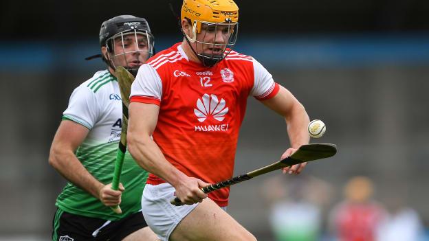 Diarmuid O'Floinn of Cuala in action against Ronan Smith of Lucan Sarsfields during the Dublin County Senior Hurling Championship Semi-Final match between Lucan Sarsfields and Cuala at Parnell Park in Dublin.