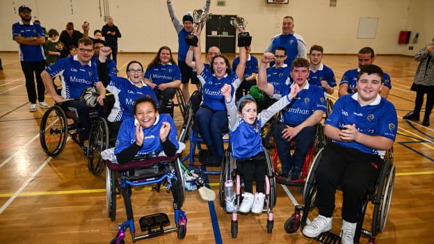 Munster players and supporters celebrate with the cup after the M.Donnelly GAA Wheelchair Hurling / Camogie All-Ireland Finals 2022 at Ashbourne Community School in Ashbourne, Meath. 