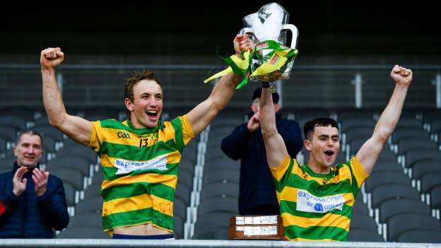 Michael O'Halloran, left, and Cathal McCormack of Blackrock lift the Sean Óg Murphy Cup following the Cork County Premier Senior Club Hurling Championship Final match between Glen Rovers and Blackrock at Páirc Ui Chaoimh in Cork. 