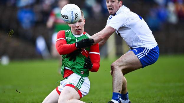 Ryan O'Donoghue of Mayo in action against Ryan Wylie of Monaghan during the Allianz Football League Division 1 match between Monaghan and Mayo at St Tiernach's Park in Clones, Monaghan. 