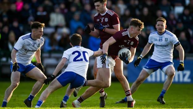 John Daly of Galway in action against Aaron Mulligan of Monaghan during the 2020 Allianz Football League Division 1 Round 1 match between Galway and Monaghan at Pearse Stadium in Galway. 
