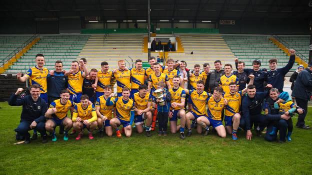 Roscommon players celebrate with the Allianz Hurling League Division 3A trophy after their win over Armagh at Páirc Tailteann this afternoon. 