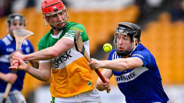 Eoghan Cahill of Offaly in action against Donnchadh Hartnett of Laois during the Walsh Cup Group 2 Round 3 match between Offaly and Laois at Glenisk O'Connor Park in Tullamore, Offaly. 