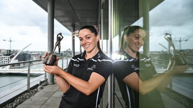 PwC GPA Player of the Month for May in ladies' football, Sinéad Goldrick of Dublin, with her award at PwC HQ in Dublin. 