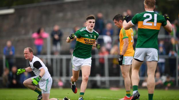 Seán O'Shea of Kerry celebrates after scoring his side's second goal during the GAA Football All-Ireland Senior Championship Quarter-Final Group 1 Phase 3 match between Meath and Kerry at Páirc Tailteann in Navan, Meath. 