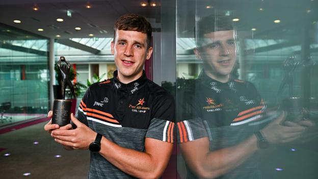 Derry's Shane McGuigan with his PwC GAA/GPA Football Player of the Month for May award. Photo by Sam Barnes/Sportsfile