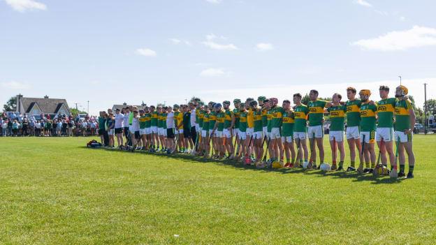 Clonoulty Rossmore players stand in memory of the late Dillon Quirke prior to the Tipperary County Senior Hurling Championship against Moycarkey at Boherlahan.