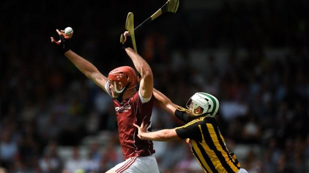 Galway's Jonathan Glynn and Kilkenny's Padraig Walsh contest a high ball in the Leinster SHC Final replay. 