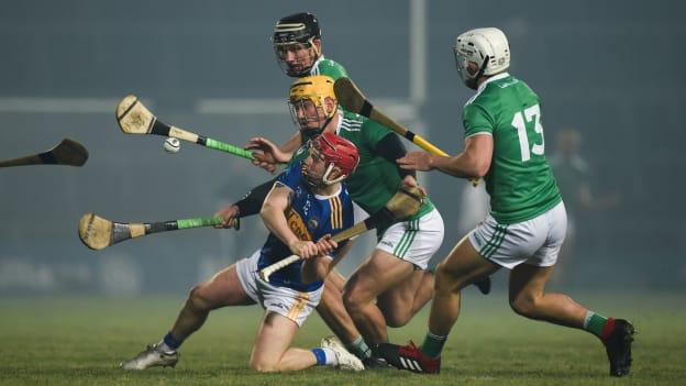 
Tipperary's Willie Connors surrounded by Limerick's Gearoid Hegarty, Tom Morrissey, and Aaron Gillane during the Allianz Hurling League Division 1A encounter at the Gaelic Grounds in February.