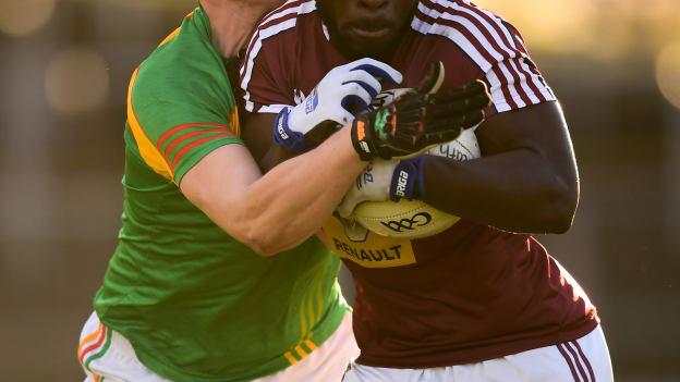 Boidu Sayeh of Westmeath in action against John Murphy of Carlow during the O'Byrne Cup Round 1 match between Carlow and Westmeath at Netwatch Cullen Park in Carlow. 