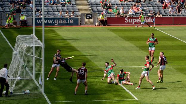 Damien Comer of Galway shoots to score his side's second goal during the Connacht GAA Senior Football Championship Final match between Galway and Mayo at Croke Park in Dublin after being set-up by team-mate Shane Walsh. 