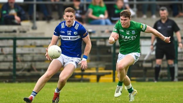 Evan O’Carroll, Laois, and Ronan McCaffrey, Fermanagh, in Tailteann Cup action at Brewster Park. Photo by David Fitzgerald/Sportsfile