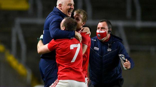 Cork manager Ronan McCarthy celebrates with Mattie Taylor and Ruairi Deane at the final whistle after victory over Kerry in the Munster GAA Football Senior Championship Semi-Final match at Páirc Uí Chaoimh in Cork.