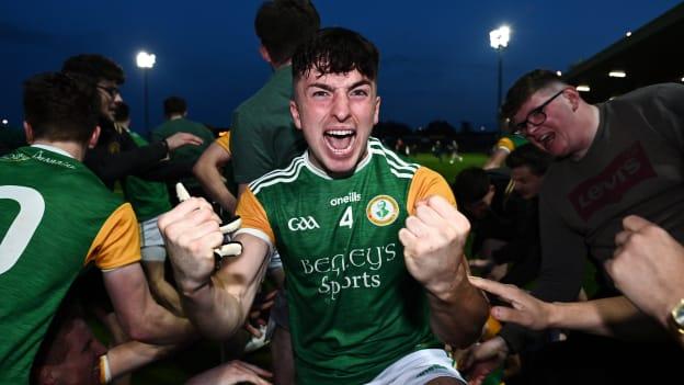 Conall Devlin of Dungannon Thomas Clarkes celebrates following their victory in the Tyrone County Senior Football Championship Final match between Trillick St. Macartan’s and Dungannon Thomas Clarkes at Healy Park in Omagh, Tyrone.
