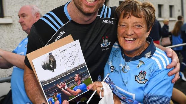 Michael Darragh MacAuley of Dublin poses for a picture with Agnes Freeman from Gorey, Co Wexford during a meet and greet at Parnell Park in Dublin.
