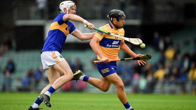 David Reidy, Clare, and Brendan Maher, Tipperary, during the Munster SHC semi-final at the LIT Gaelic Grounds.