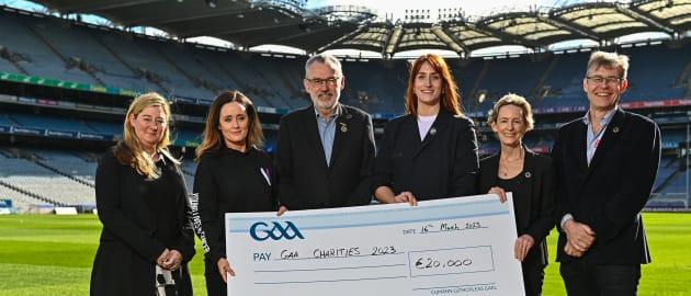 In attendance during a GAA Charity Partners 2023 event are, from left, Global Director Mens Health Promotion Programmes at The Movember Foundation Sarah Coghlan, Young Lives vs Cancer Senior Fundraising Manager Fiona McCann, Uachtarán Chumann Lúthchleas Gael Larry McCarthy, Women's Aid Too Into You Project Lead Mary Hayes, Chief Executive Officer of Trócaire Caoimhe de Barra and ALONE Chief Executive Officer Sean Moynihan at Croke Park in Dublin. 