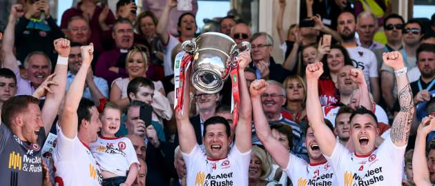 Sean Cavanagh of Tyrone holds aloft the Anglo-Celt Cup after the 2017 Ulster GAA Football Senior Championship Final match between Tyrone and Down at St Tiernach's Park in Clones, Co. Monaghan. Photo by Oliver McVeigh/Sportsfile.