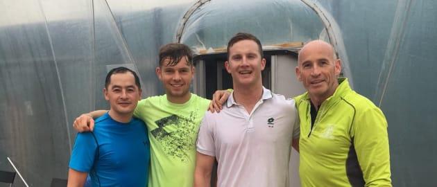 (l to r) Jason Sherlock, Simon Carr, Ciarán Kilkenny, and Tommy Carr pose for a picture after a game of doubles tennis. Ireland number one tennis player, Peter Carr, is a second cousin of Kilkenny's. 