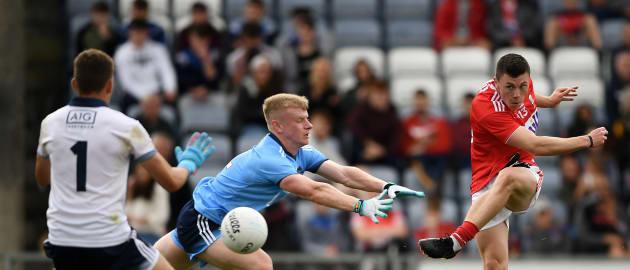 Mark Cronin of Cork shoots to score his side's second goal during the EirGrid GAA Football All-Ireland U20 Championship Final match between Cork and Dublin at O’Moore Park in Portlaoise, Laois.