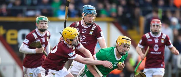 Cathal O'Neill of Limerick in action against Westmeath players from left, David Williams, Owen McCabe, and Tommy Doyle during the Allianz Hurling League Division 1 Group B match between Westmeath and Limerick at TEG Cusack Park in Mullingar, Westmeath. Photo by Michael P Ryan/Sportsfile