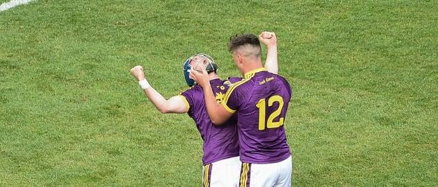 Kevin Foley, left, and Conor McDonald of Wexford celebrate after the 2019 Leinster GAA Hurling Senior Championship Final match between Kilkenny and Wexford at Croke Park in Dublin. Photo by Daire Brennan/Sportsfile