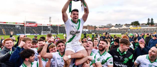 Dessie Conneely lifts the Shane McGettigan Cup at Pearse Stadium.