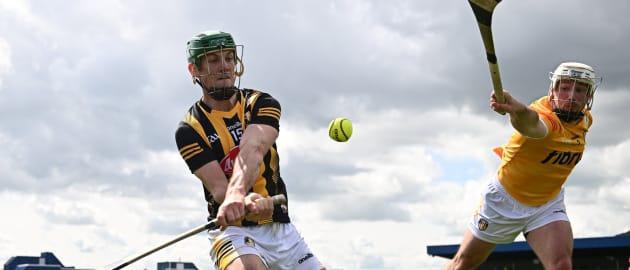Eoin Cody, Kilkenny, and Paddy Burke, Antrim, in Leinster SHC action at Corrigan Park in May. Photo by Ramsey Cardy/Sportsfile