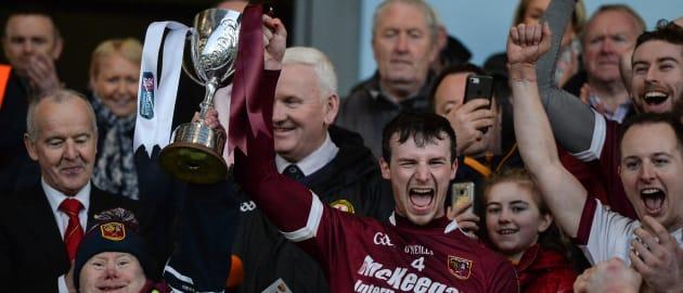Cushendall's Paddy Burke and John McKillop lift the Four Seasons cup following the 2018 AIB Ulster GAA Hurling Senior Club Hurling Final win over Ballycran. Photo by Oliver McVeigh/Sportsfile