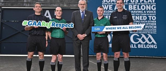 In attendance during the GAA Referees Respect Day at Croke Park in Dublin are, from left, Referee Colm Lyons, Referee David Coldrick, Uachtarán Chumann Lúthchleas Gael Larry McCarthy, Referee Thomas Gleeson and Referee Sean Hurson.