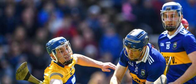 Jason Forde, Tipperary, and Rory Hayes, Clare, in Munster SHC action.
