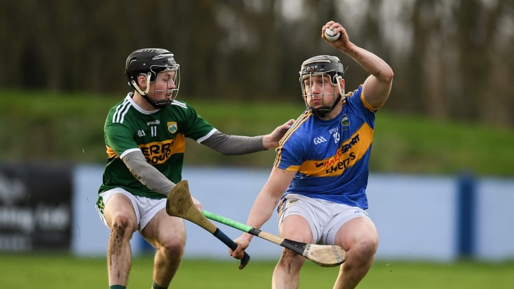 Dan McCormack, Tipperary, and Shane Conway, Kerry, during the Co-op Superstores Munster Hurling League clash at MacDonagh Park, Nenagh.