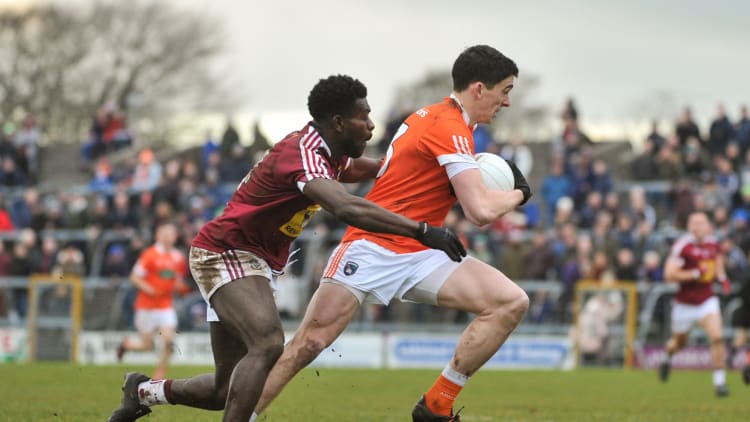 Rory Grugan of Armagh in action against Boidu Sayeh of Westmeath during their Allianz Football League Division 3 Round 2 match at TEG Cusack Park, Mullingar