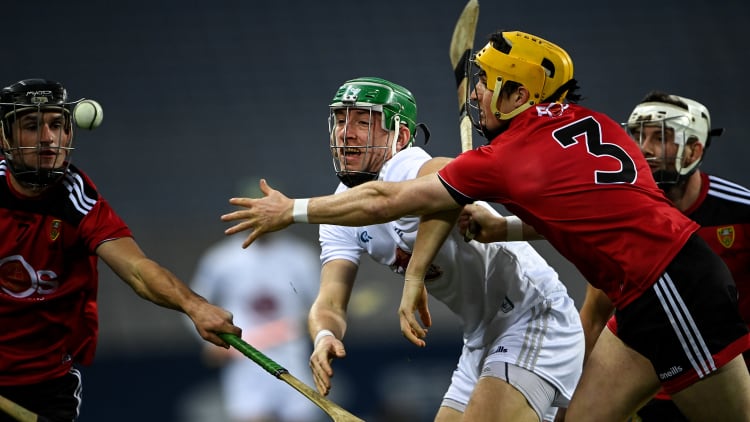 Jack Sheridan, Kildare, and Caolan Taggart, Down, during the Christy Ring Cup Final at Croke Park.