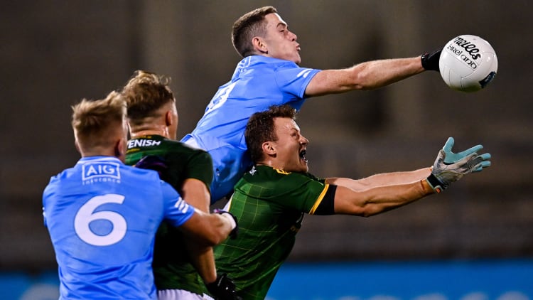 Brian Fenton of Dublin and Ronan Jones of Meath during the Allianz Football League Division 1 Round 6 match between Dublin and Meath at Parnell Park in Dublin.