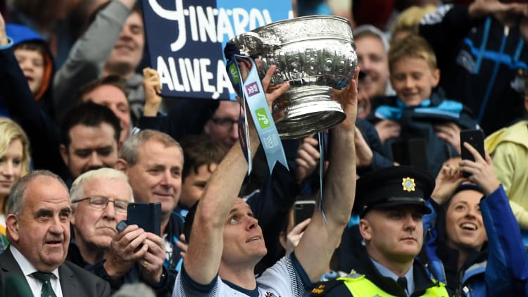 Dublin captain Stephen Cluxton lifts the Delaney cup after the 2019 Leinster GAA Football Senior Championship Final match between Dublin and Meath at Croke Park in Dublin.