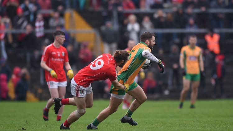 Corofin captain Micheal Lundy and Tuam Stars' Darragh O'Rourke during the Galway SFC Final replay at Tuam Stadium.