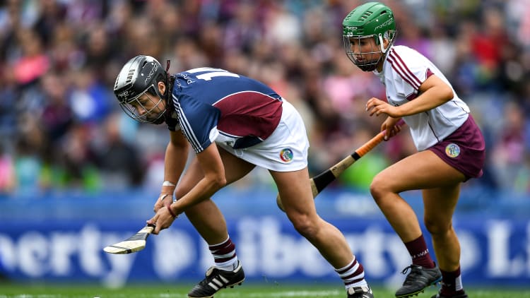 Pamela Greville, Westmeath, and Laura Ward, Galway, during the All Ireland Intermediate Camogie Final at Croke Park.