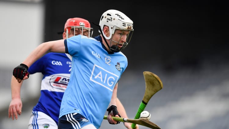 Fintan McGibb, Dublin, and Eric Killeen, Laois, during the Bord Na Mona Walsh Cup encounter at O'Moore Park.