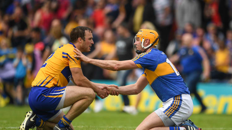 Patrick O'Connor, Clare, and Seamus Callanan, Tipperary, following a dramatic 2018 Munster Championship clash at Semple Stadium.