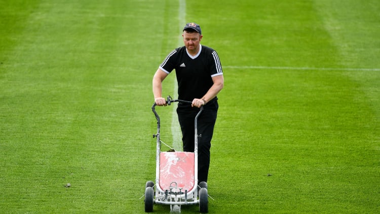 John Coogan, head groundsman, lines the pitch before the Leinster GAA Hurling Senior Championship Round 4 match between Kilkenny and Galway at Nowlan Park in Kilkenny.