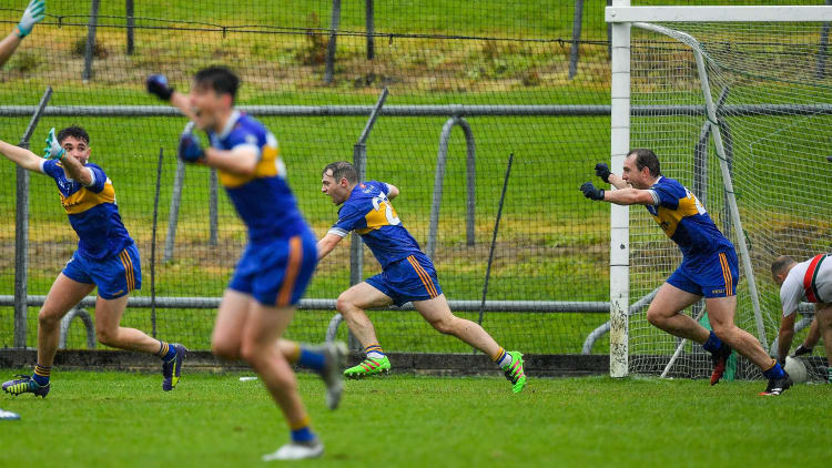 Joey Wallace of Ratoath, fourth from left, and his team-mates, celebrate their side's winning goal in the last minute of the Meath County Senior Football Championship Final match between Ratoath and Gaeil Colmcille at Páirc Táilteann in Navan, Meath.