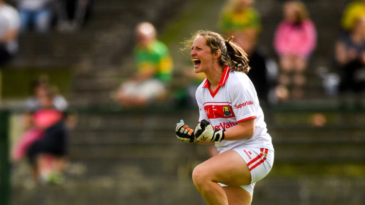 Cork goalkeeper Martina O'Brien celebrates a second half goal scored by team-mate Saoirse Noonan during the TG4 All-Ireland Ladies Football Senior Championship Semi-Final match between Cork and Donegal
