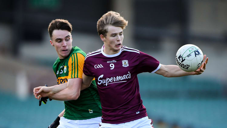 Cian Hernon of Galway in action against Luke Brosnan of Kerry during the EirGrid GAA Football All-Ireland U20 Championship Semi-Final match between Kerry and Galway at the LIT Gaelic Grounds in Limerick.