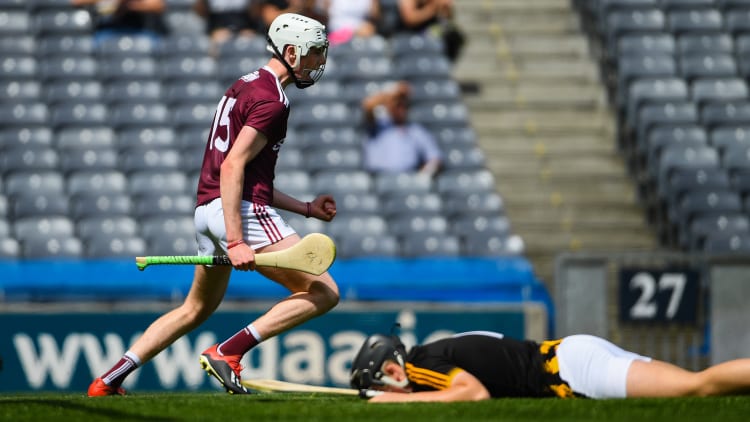 The impressive Greg Thomas celebrates after scoring a first half goal for Galway against Kilkenny at Croke Park.