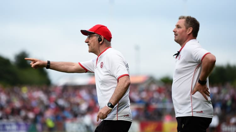 Tyrone manager Mickey Harte and selector Gavin Devlin, right, during the GAA Football All-Ireland Senior Championship Quarter-Final Group 2 Phase 2 match between Tyrone and Dublin at Healy Park in Omagh, Tyrone.
