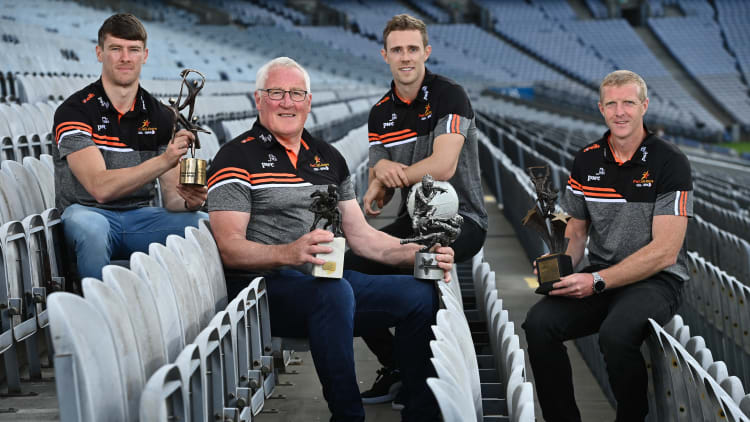 Left to right: Tadhg De Búrca, Pat Spillane, Paul Mannion, and Henry Shefflin pictured at Croke Park at the launch of PwC's celebration of the 50th anniversary of the All-Stars. Ireland's most prestigious sports awards were first presented in 1971.