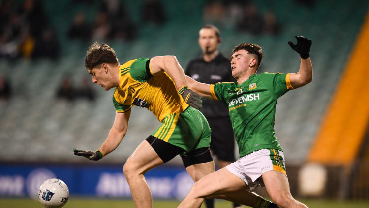 Hugh McFadden, Donegal, and Darragh Campion, Meath in Allianz Football League Division Two action.