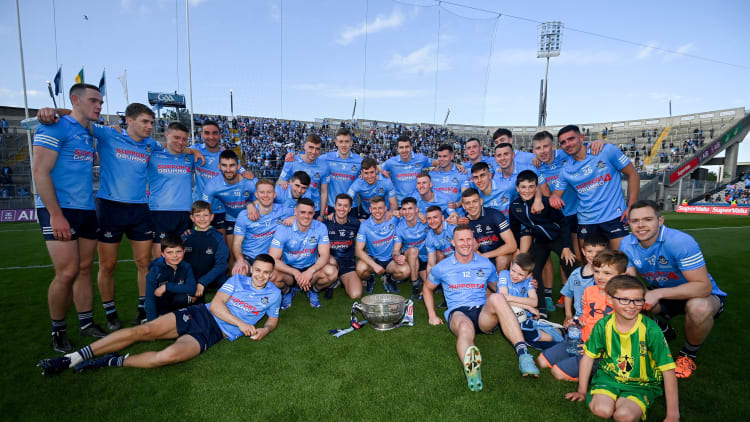 Dublin players celebrate with the Delaney Cup after the Leinster GAA Football Senior Championship Final match between Dublin and Kildare at Croke Park in Dublin.
